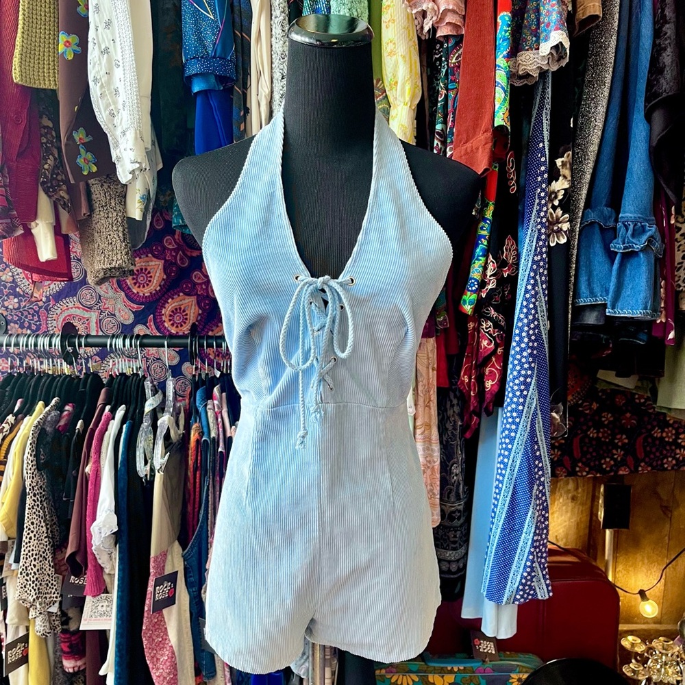 Baby Blue Corduroy Halter Jumpsuit